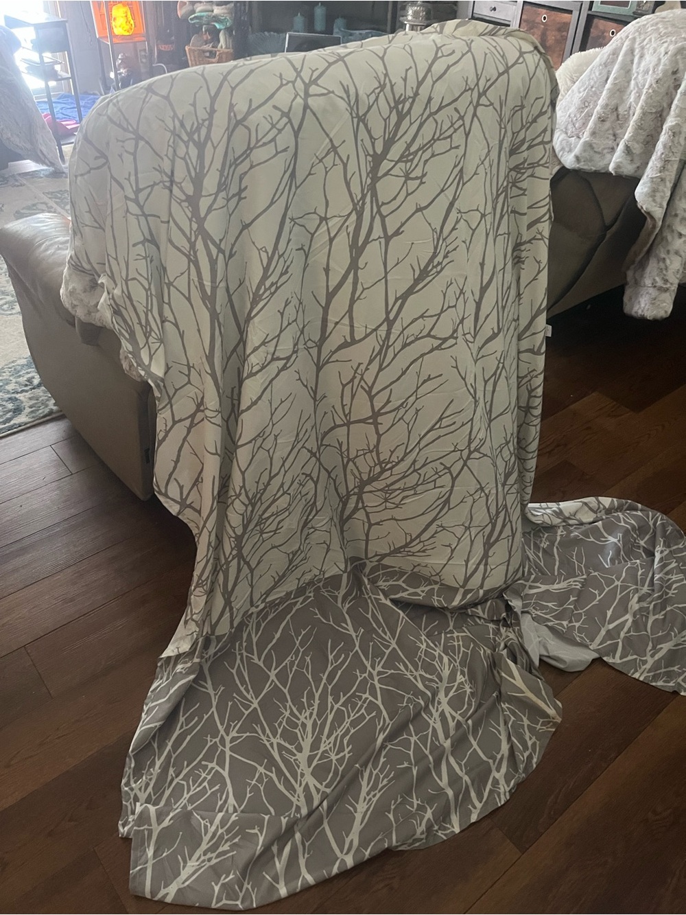 Gray and Cream Tree Branch Shower Curtain - Neutral Woodland Design